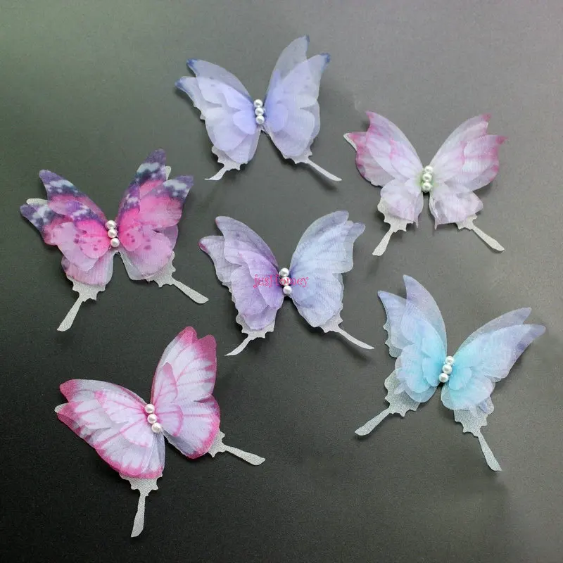 50PCS 4-layered Organza Swallowtail butterfly appliques 5.5CM Silk Butterflies w/ Pearl for Jewelry Making, Choker, Hair Clips