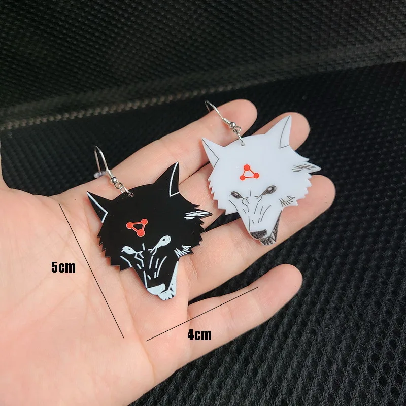 New Anime Black White Wolf Dog Asymmetry Acrylic Earrings for Women Japan Cartoons Fox Aesthetic Drop Earrings Party Jewelry