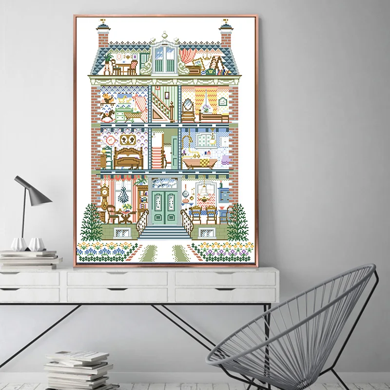 Przytulna willa Cross Stitch wzory zestawy płótno z nadrukiem pakiet do haftowania 11CT 14CT zestawy do robótek ręcznych DIY rzemiosło Home Decor