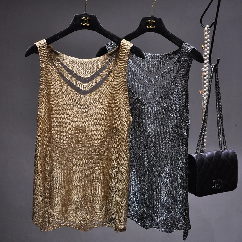 Sequins Sexy Hollow Out Light Silk Condole Belt Vest Gold Sleeveless Knitting Coat Top Mujer Verano 2024 Heart Cut Out Top