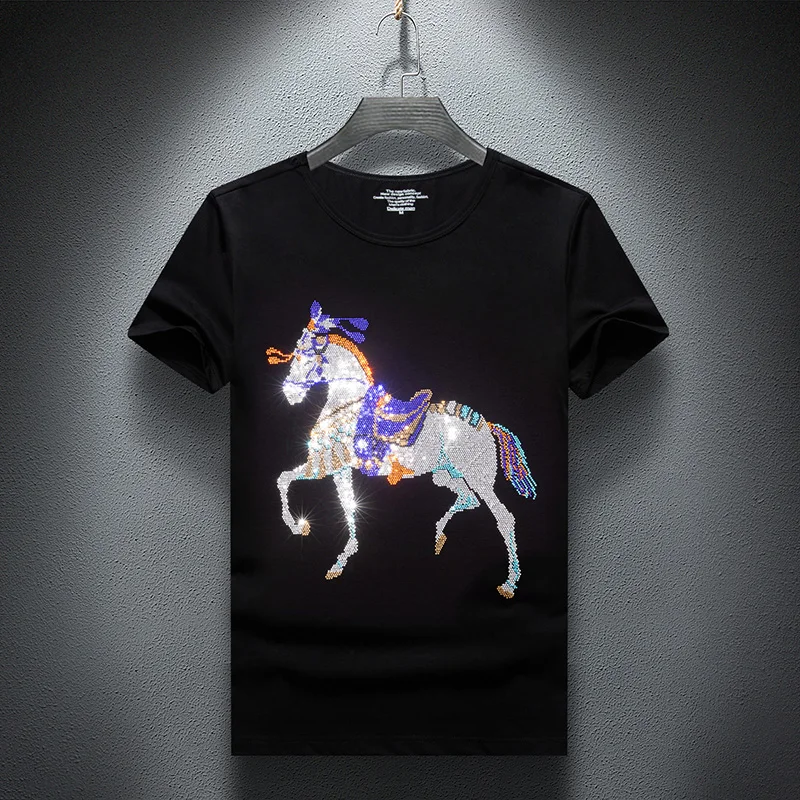 Summer Men's Short-sleeved Cotton T-shirt Shinning Luxury Horse Hot Drilling T-shirt Men's Casual Rhinestone Tshirt Big Size