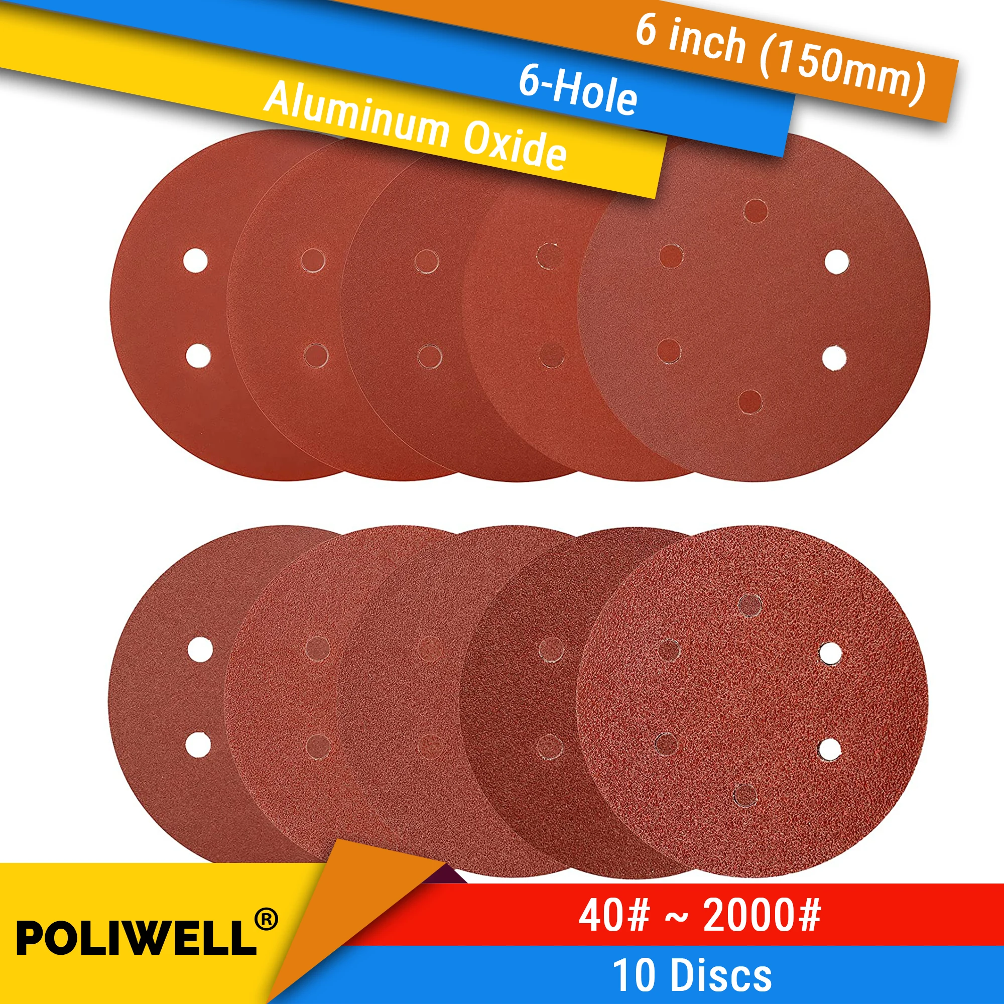 10 sztuk 6 Cal (150mm) 6 otworów tlenek glinu Hook & Loop Red Grain tarcze szlifierskie do obróbki drewna elektronarzędzia polerowanie akcesoria