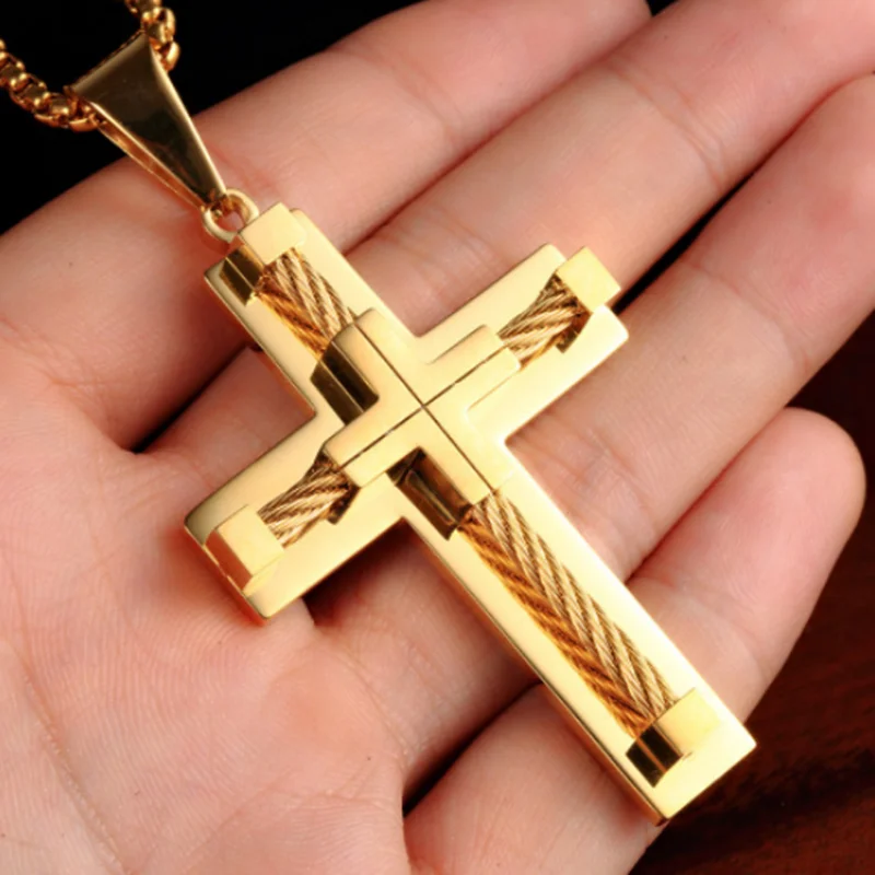 Stainless Steel Wire Cross Pendant Necklace Men Metal Cruz Necklaces For Male High Quality Jewelry Accessories