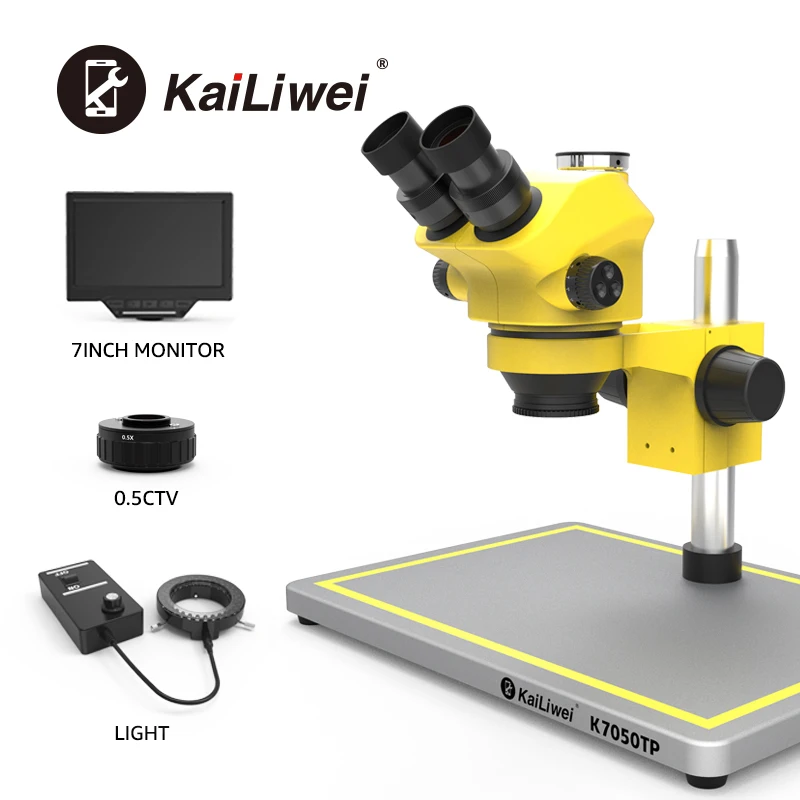 Kailiwei Mobile Phone Repairing Trinocular 7-50x 0.5xctv Stereo Microscope with 7inch Monitor Wifi Function