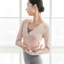 Thumb Holes Long Sleeve Crop Tops Pull Over Pink Women Shirt Ballet For Dance Training Practice Soft