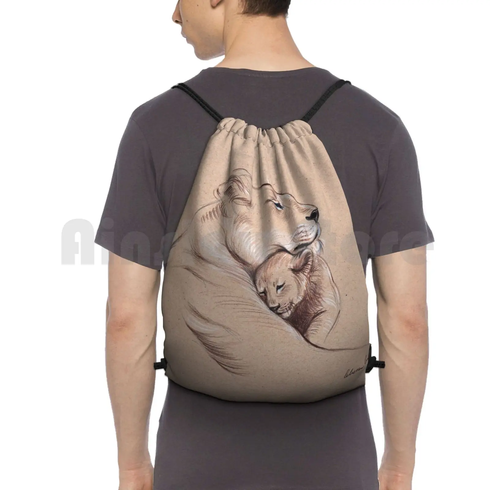 

" A Mother'S Pride " Lioness And Cub Original Pencil Drawing. Backpack Drawstring Bags Gym Bag Waterproof Peace Animals