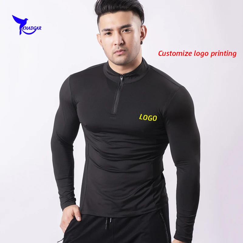 

Custom LOGO Men Winter Fleece Black Sports Sweatshirts Elastic Quick Drying Long Sleeved T Shirts Gym Fitness Running Tops 2020