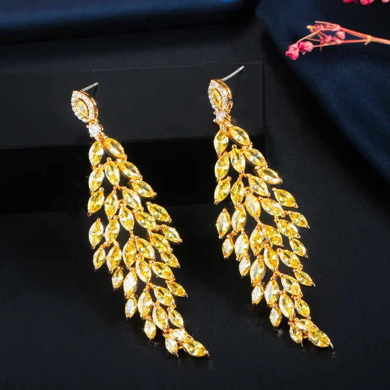 

ThreeGraces Trendy Yellow Cubic Zirconia Leaf Shape Long Drop Dangle Earrings for Women Fashion Bridal Engagement Jewelry E1010