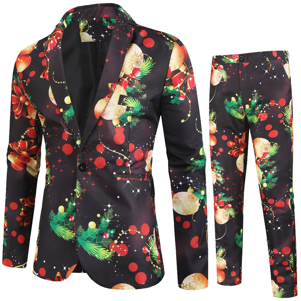 Men's tight Christmas print suit, the premiere is 3XL men's suit 2 pieces graduation party suit design peak