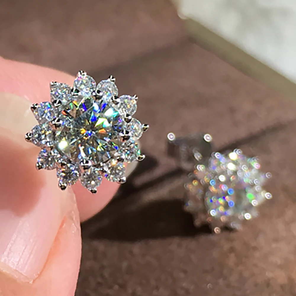 

Custom Solid 18K White Gold 2 Carat Stud Earrings Women Wedding Anniversary Engagement Party Round Sunflower Moissanite Diamond