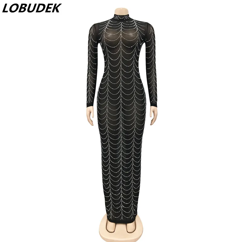 

Luxury Fashion Gold Black Rhinestones Mesh Long Dress Women Birthday Evening Celebrate Party Transparent Floor Length Dresses