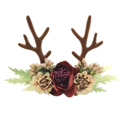 Antler Nylon Kerst Baby Meisje Hoofdbanden Herten Bloem Xmas Pasgeboren Hoofdband Meisje Haarband Voor Pasgeborenen Fotografie Props