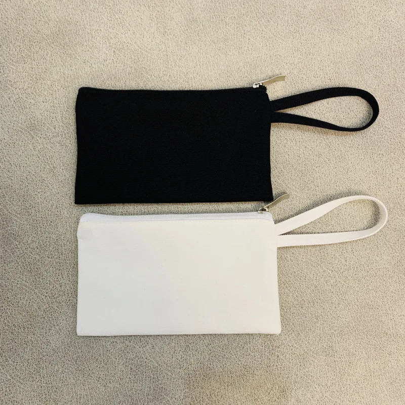 100Pcs/Lot White Black Blank Canvas Zipper Pen Bag With Handle Cotton Cosmetic Bags Makeup Bags Mobile Phone Clutch Bag