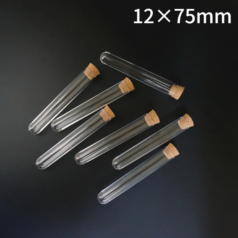 

50pcs/100pcs/200pcs 12x75mm Lab Test Tube With Cork Stoppers Transparent Plastic Test Tube Laboratory School