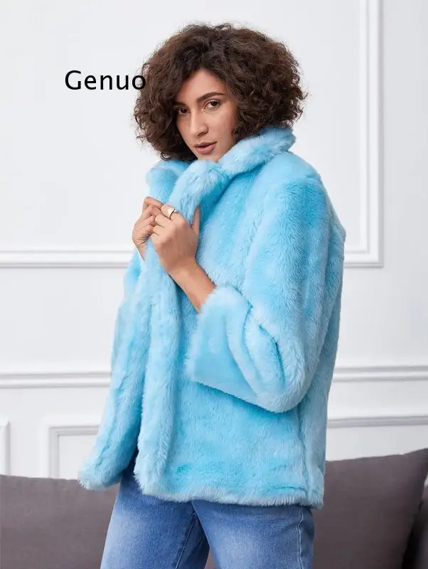 Giacca invernale con risvolto peloso Shaggy in pelliccia sintetica Aqua Blue Vintage manica lunga pelliccia sintetica cappotto corto capispalla vestiti