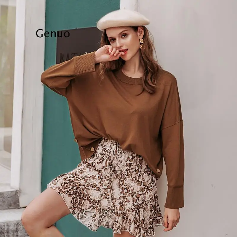 

Knitted Buttons Long Sleeve Brown Jumper Women Autumn Winter Solid Pullover Sweater Female Casual Elastic Sweater