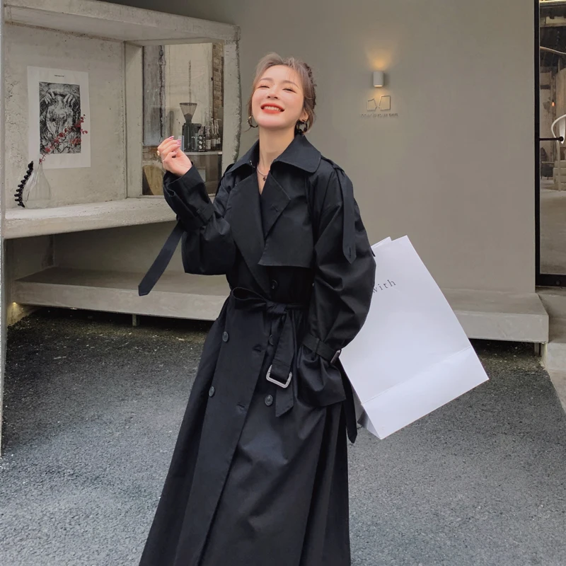 Double Breasted Black Long Windbreaker Women British Style Loose Bandage Maxi Trench Coat Female Elegant Jacket Coat