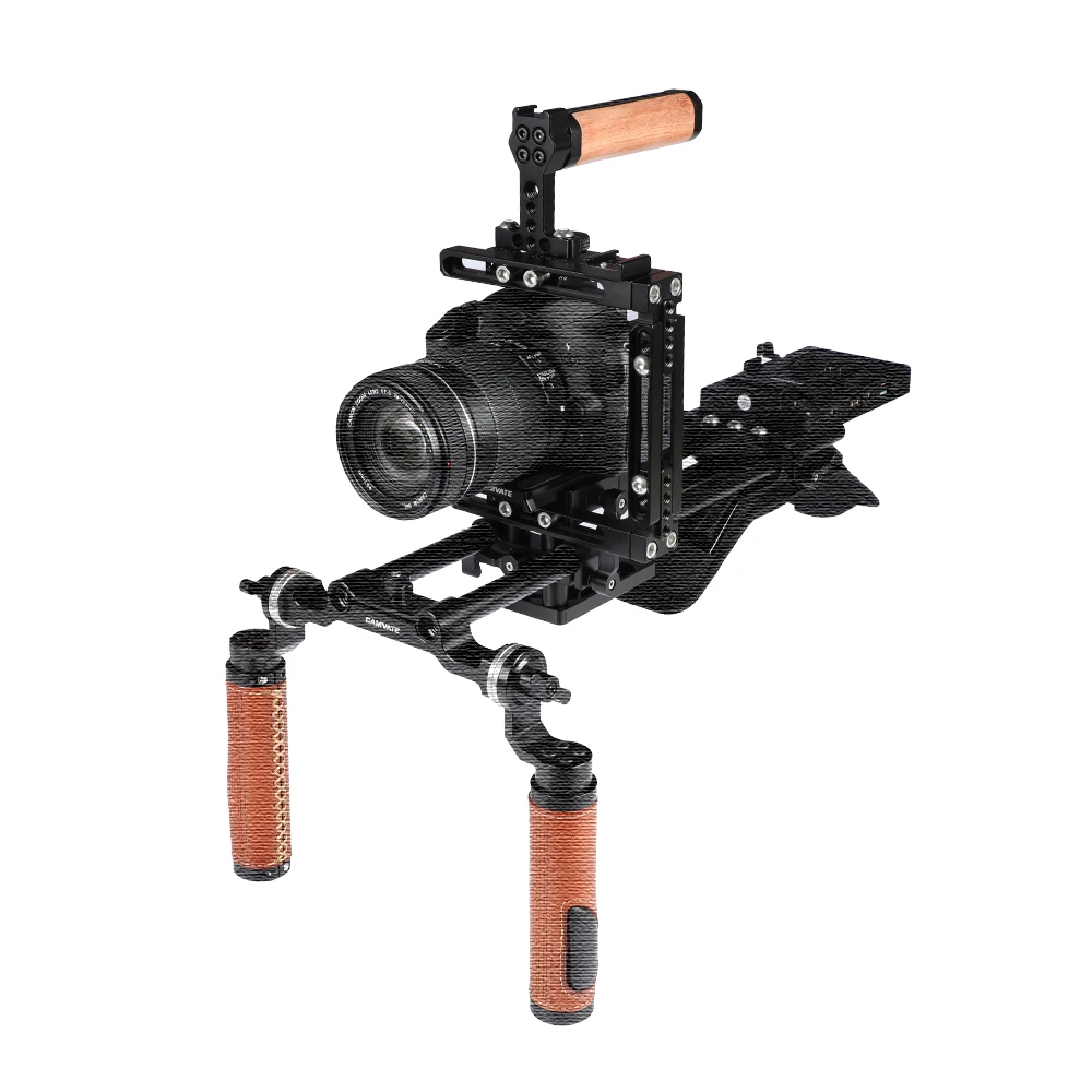 HDRIG-Kit de jaula de media cámara tipo extensión, con placa QRPlate Manfrotto, Base de bloque de rieles de 15mm, mango superior de madera para Canon 5D Mark II Sony