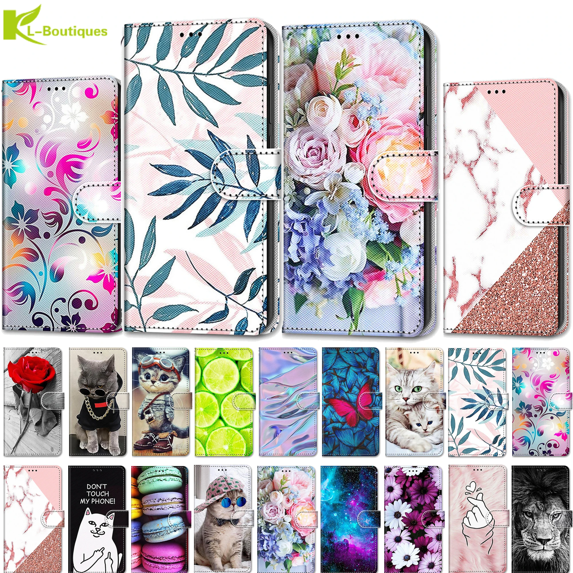 KL-Boutiques Book Leather Flip Case For Huawei Y5 Lite Y6 Y7 2017 2018 2019 Y5P Y6P Y7P Y8P Phone Cover Wallet Painted Capa Etui