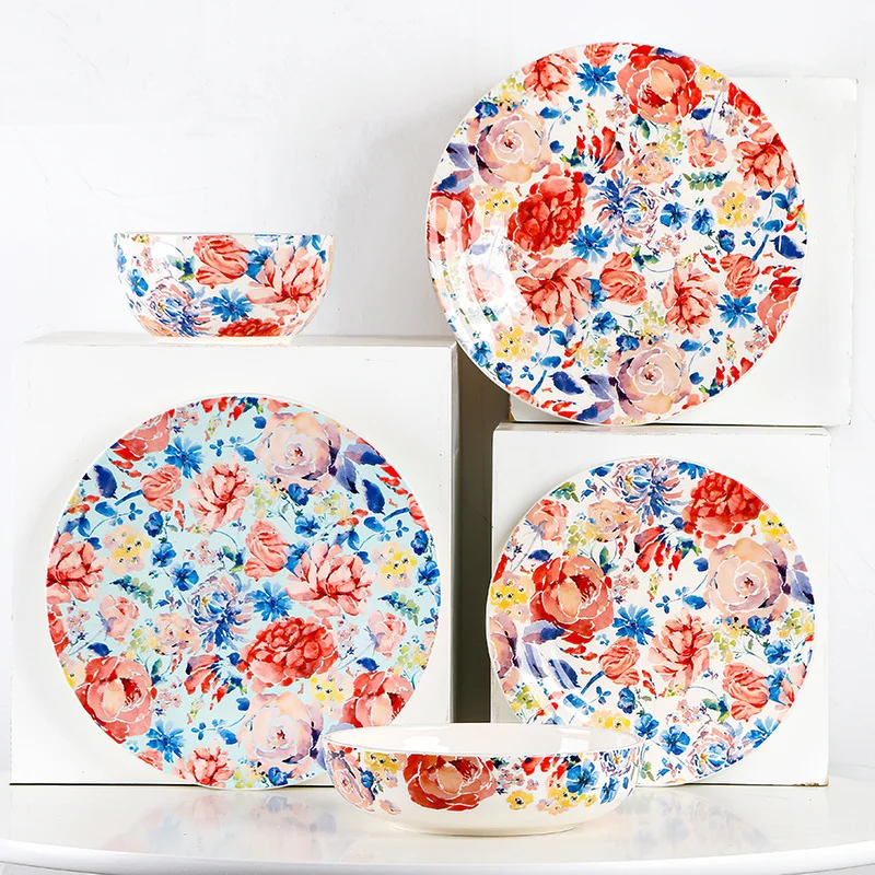 

Flower Ceramic Plate Dish Steak Salad Tray Glaze Dinner Serving Rice Soup Noodle Salad Bowl Kitchen Utensil Home Decor Tableware