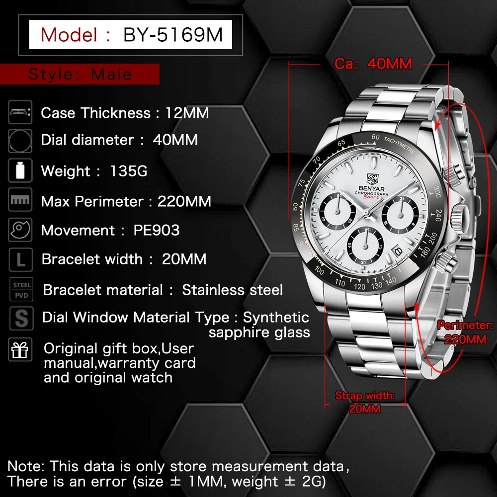 BENYAR New Watches Men Luxury Brand Chronograph Male Sport Watches Waterproof Stainless Steel Quartz Watch Relojes Hombre