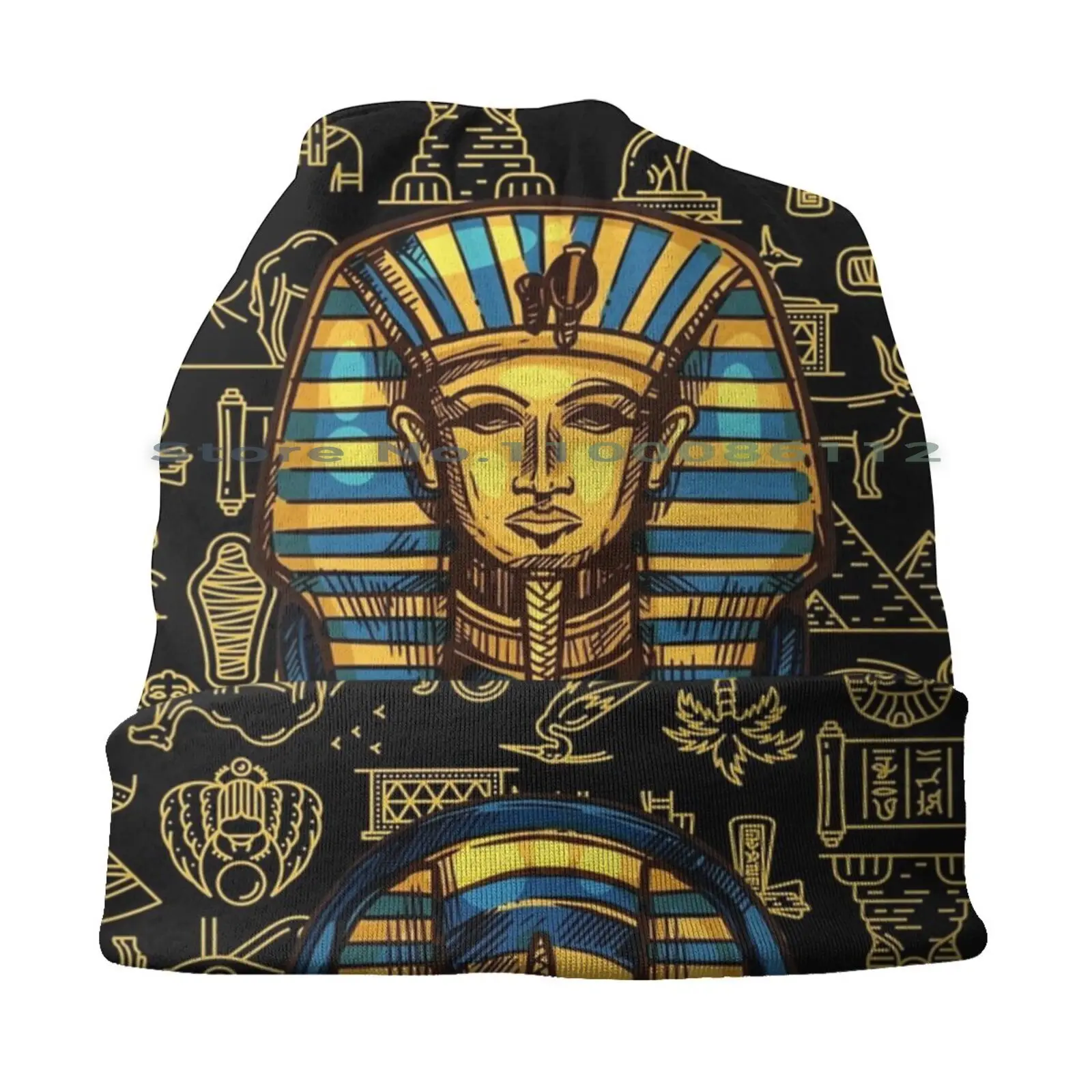 Gold Egyptian Pharaoh With Golden Hieroglyphic Background Pattern Beanies Knit Hat Egyptian Beetle Pharaoh Black Pattern