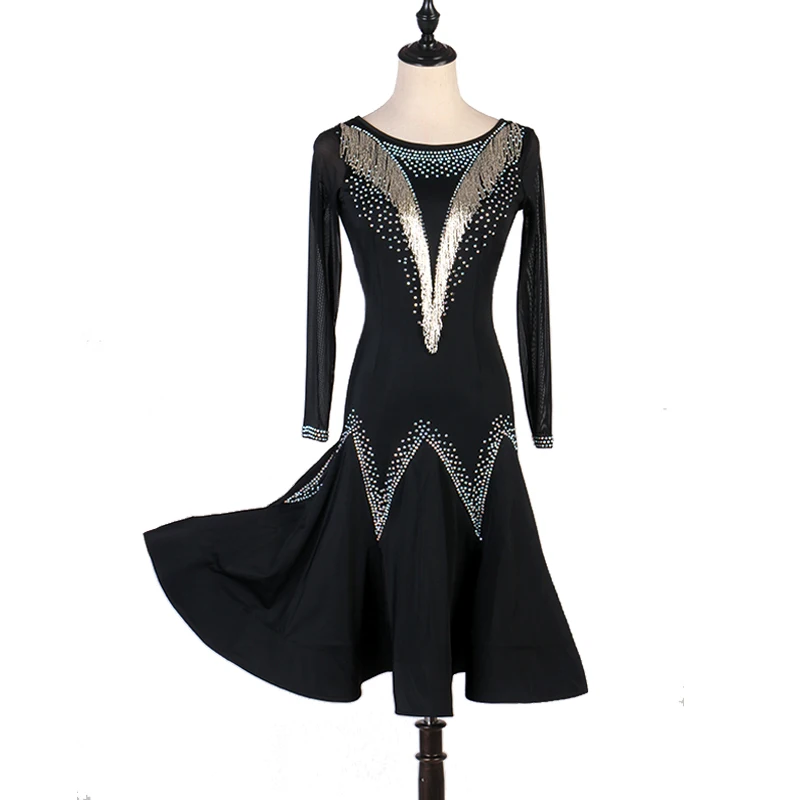 

Black V Neck Latin Dance Dress Women Sequins Dance Wear Salsa Dress Pole Dance Clothes Party Costumes Latin American Dress