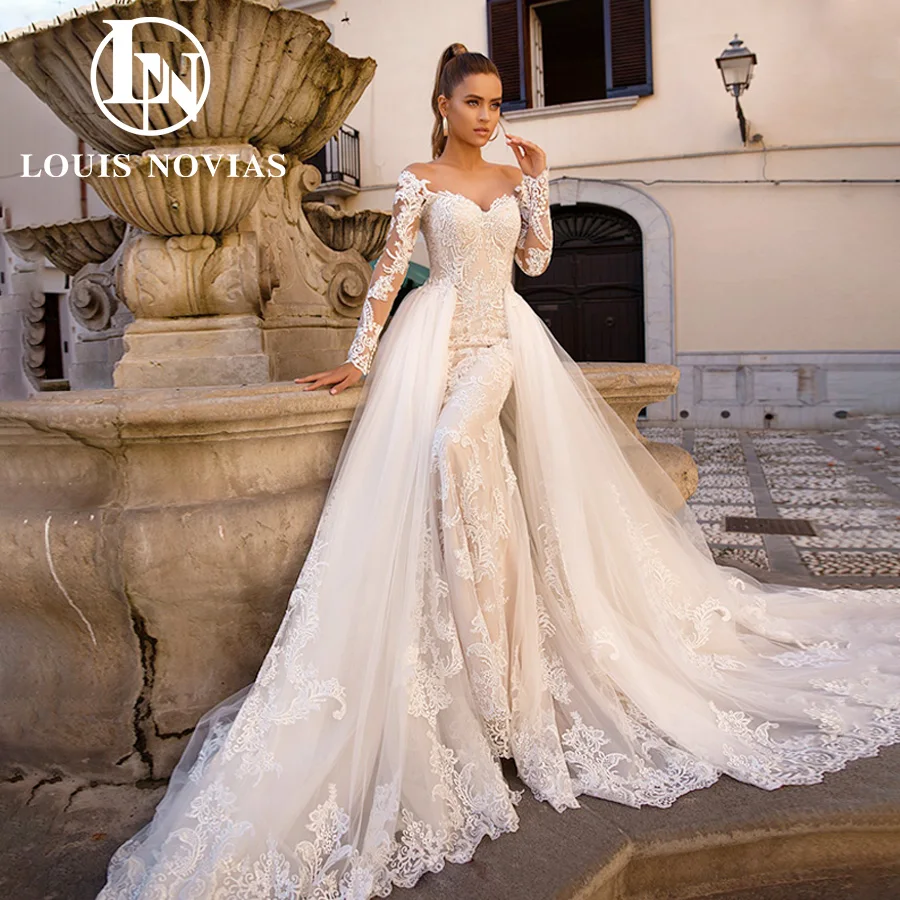 

LOUIS NOVIAS Mermaid Wedding Dresses For Woman 2 In 1 Detachable Train Long Sleeve Appliques Wedding Gown Vestidos De Novia
