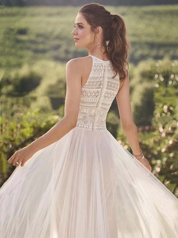 Vintage Line Halter suknie ślubne 2021 bez rękawów Illusion Tulle koronkowa aplikacja suknia ślubna dla damska suknia De Mariage Custom