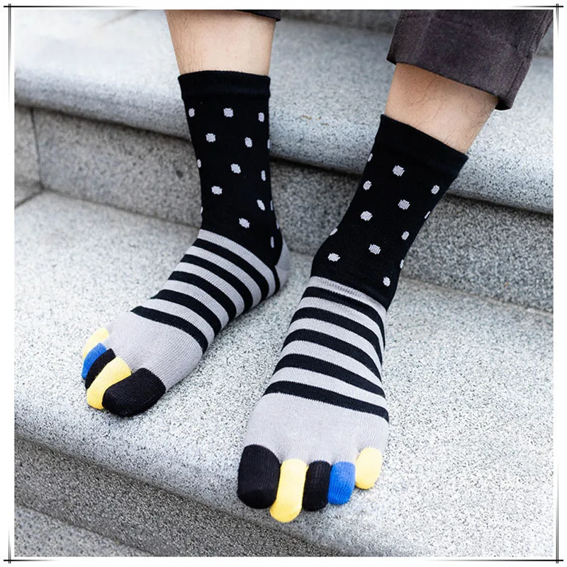 Mens Cotton Toe Socks Striped Contrast Colorful Patchwork Five Finger Socks Free Size Basket Calcetines Short Sox Gifts for Men