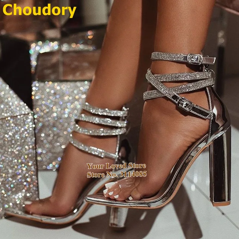 Ladies Nude Silver Patent Leather Chunky Heels Bling Bling Crystal PVC Sandals Cross Strappy Rhinestone Wedding Shoes Size47