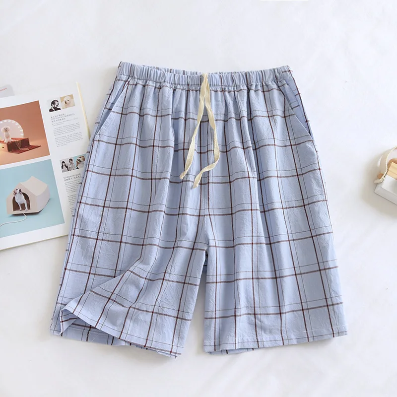 Japanese summer washed cotton single line large grid men\'s shorts cotton simple spot home five-point pants thin pajamas