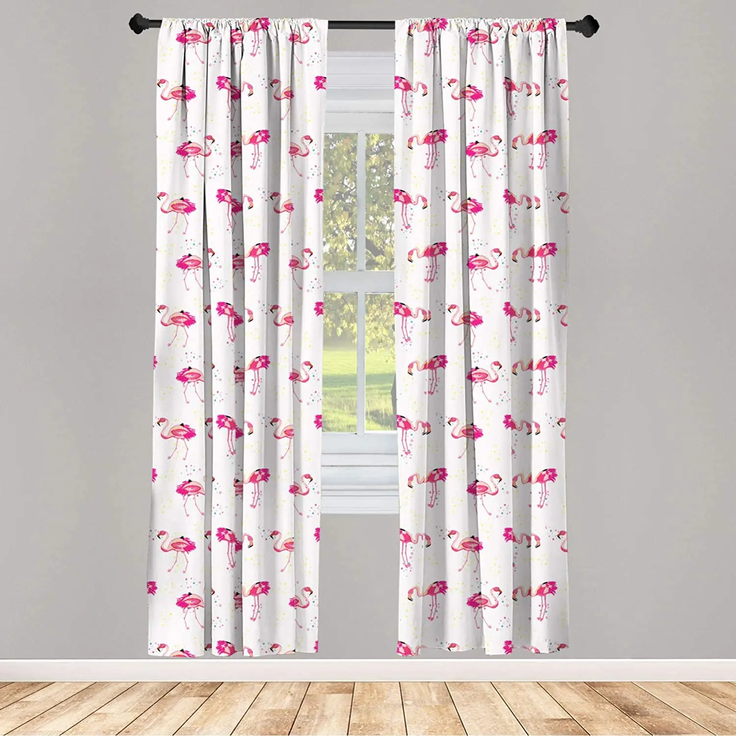 Pink Blush Flamingo Window Curtains Repetitive Pattern of Hand Painted Tropic Birds and Spots Lightweight Decorative