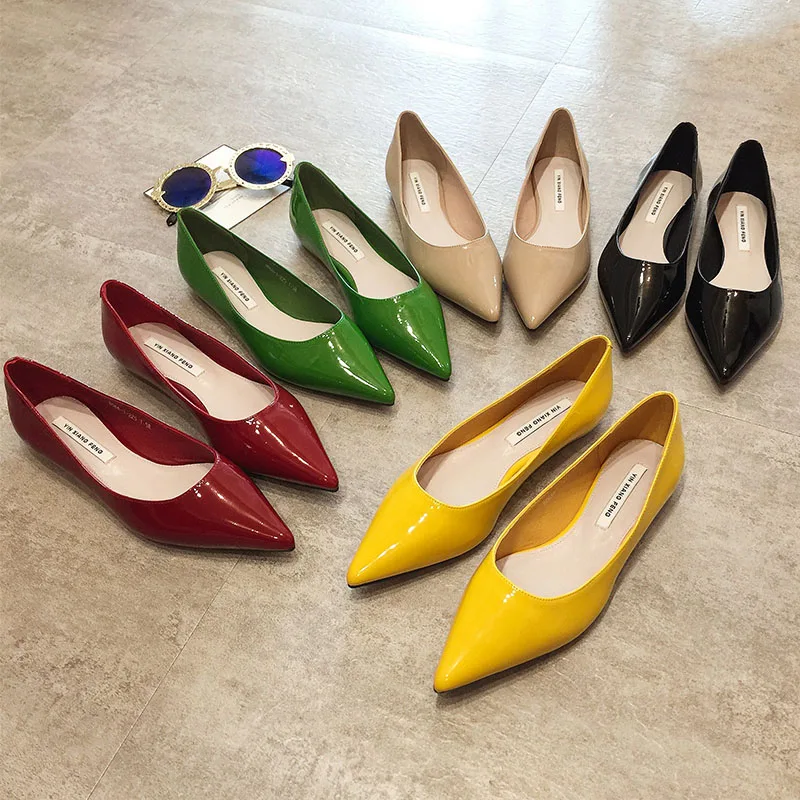 Flat Heel Shoes Women Pointed Toe Patent Leather Lemon Yellow Wine Red Lady Fashion Flats Candy Color Flat Sole Large Size 42 43