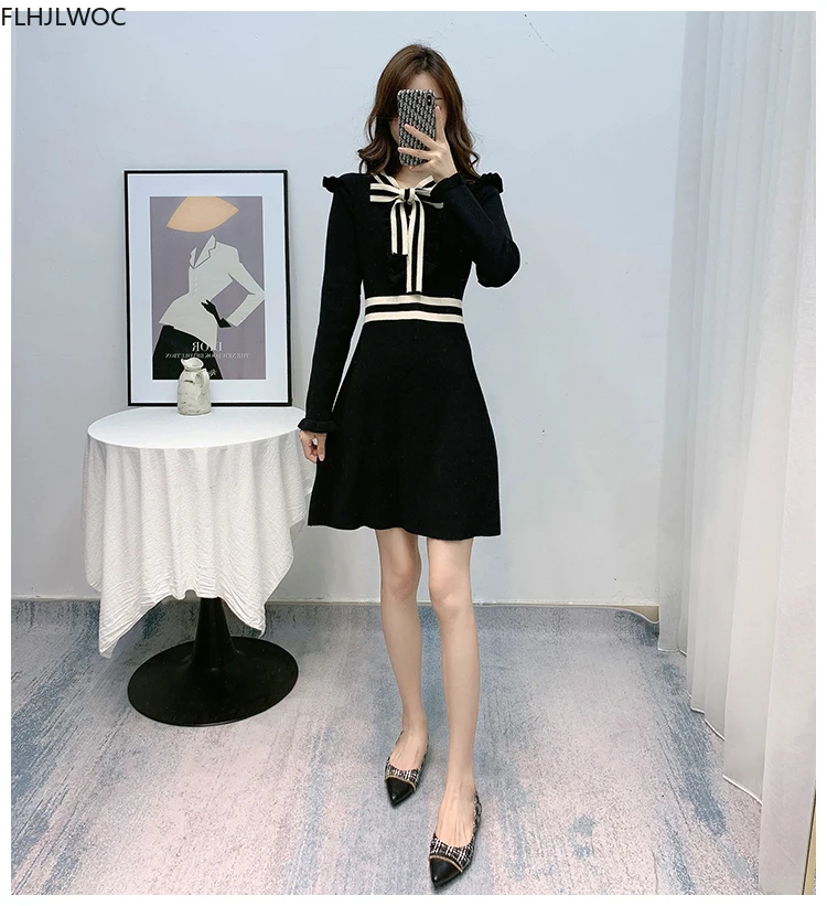 2021 Hot Sales Womens Cute Feminine Vestidos Striped Ruffled Bow Tie Black Knitted Mini Sweater Dress D0640