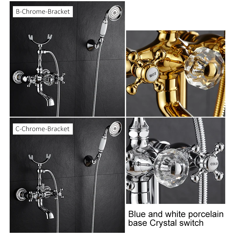 Luxury Crystal Handle Bathtub Gold Brass Faucet with Hand Shower Telephone Type Bath Faucets Sets Mixer Tap Wall Mounted EL8310G