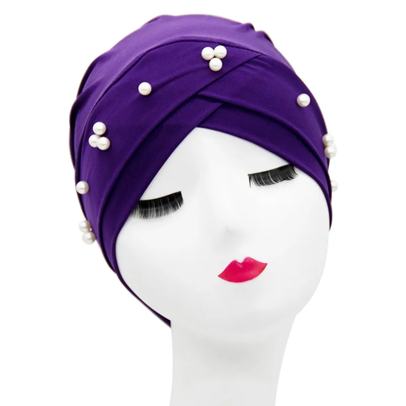 Muslim Cotton Turbans Women Pearls Turban Female Muslim Head Scarf Turban Cap Winter Indian Hat Fashion New Turbante Hijab Cap