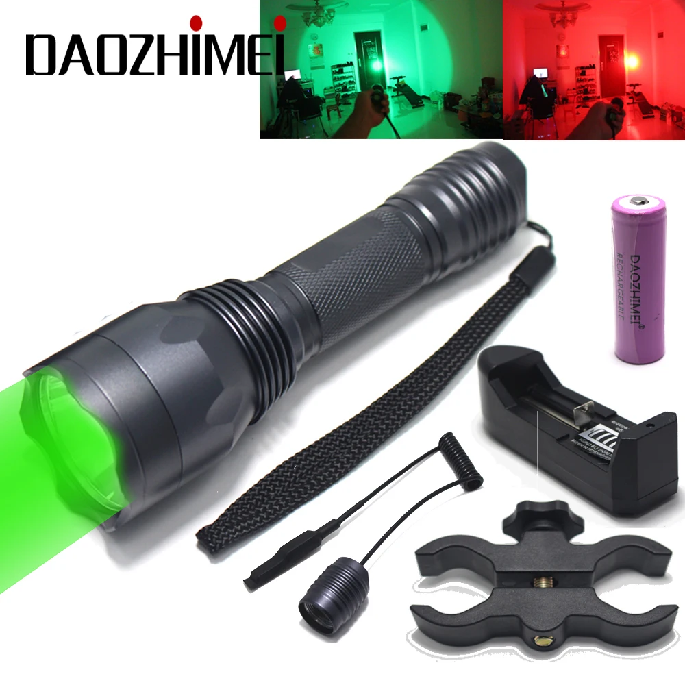 C10 LED Flashlight Green/red/Tactical Hunting Torch Portable camping flash light 18650 Rechargeable Waterproof Scout Light