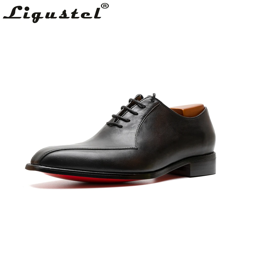 Ligustel Mens Designer Black Genuine Leather Shoes Mens luxury Red Bottom Fashion Wedding Shoes Men Office Shoes Plus Size