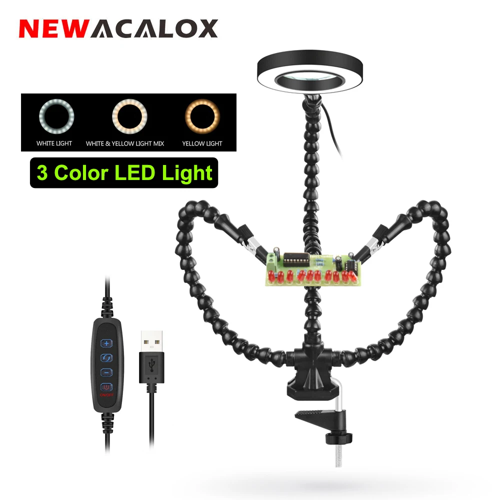 NEWACALOX Soldering Helping Hands with 3X LED Magnifier Table Clamp PCB Holder Welding Third Hand Tool for Soldering Repair