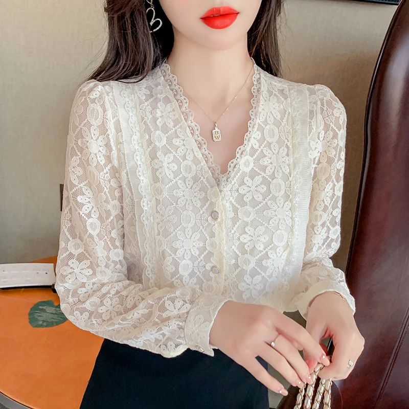 Chiffon Shirt Women Autumn Clothes Long Sleeved Lace Tops Mujer French Style Elegant V-Neck Lantern Sleeve Solid  2271