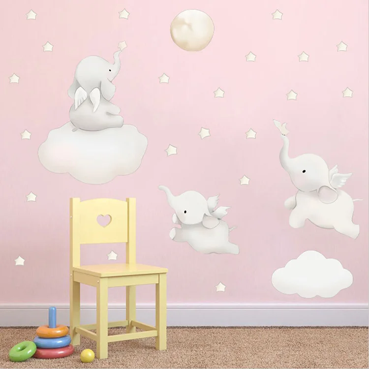 Cartoons Baby-Elefant-Sterne-Wandaufkleber für Kinderzimmer, Hintergrund für Heimdekoration, Schlafzimmer-Tapete, niedliche Tier-Aufkleber – Detail 3