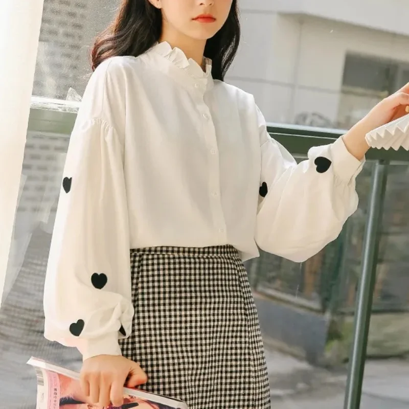 Kawaii Shirt Women Heart Shape Print Button Up Blouse Korean Style Lantern Long Sleeve Shirt Women BF Cute Tops Ulzzang G297