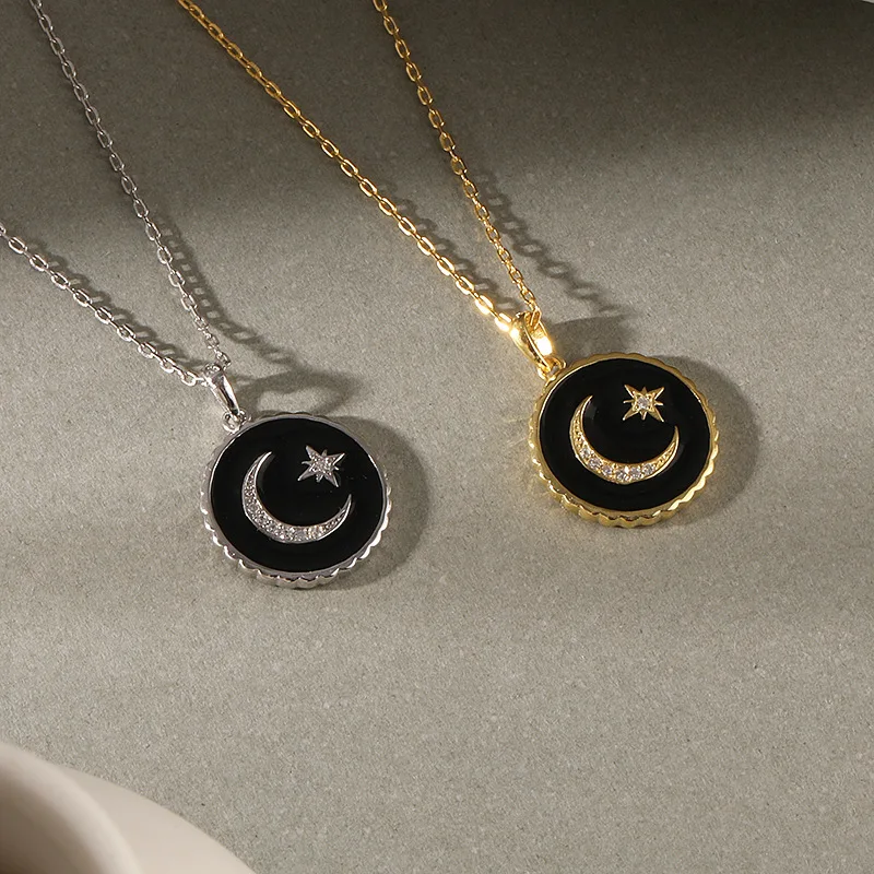 Lispector 925 Sterling Silver Zircon Crescent Moon Star Pendant Necklaces for Women Elegant Black Enamel Necklace Female Jewelry