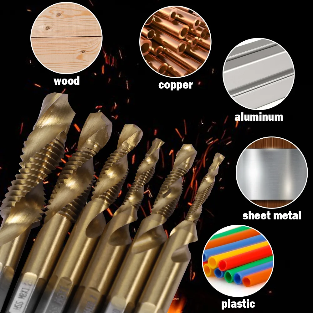 6PCS Metric Thread Tap Drill Bits m3 m4 m5 m6 m8 m10 Hex Shank Hss Wood Drilling Tapping Cutting Metal Drill Bit 5.4-5.8cm Long