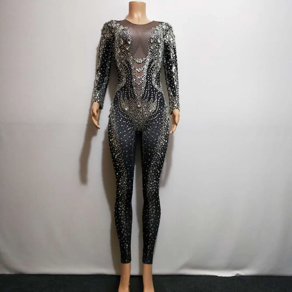 Sexy Stretch Rhinestones Party Jumpsuits Women Stretch Long Sleeve Crystal Romper Black Nightclub Prom Bodysuit Dance Stage Wear