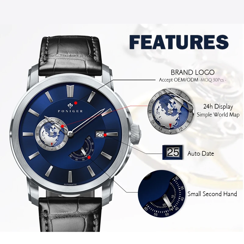 PONIGER Luxury High Quality Men Wrist Watches Automatic Mechanical Watch World Map Dial  Sapphire Glass Waterproof Watch