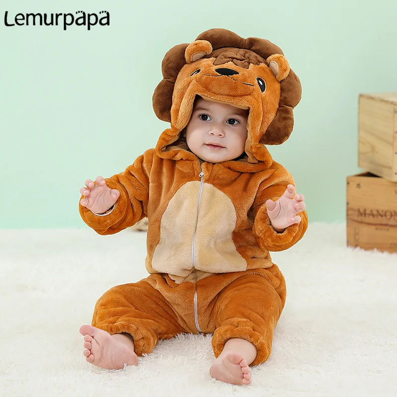 Baby Boys Girls Thicken Onesie Infant Winter Warm Zipper Hoodie Jumpsuit Anime Cartoon Lion Rompers Pajamas