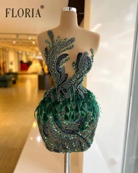 Luxury Emerald Green Beaded Prom Dresses Arabic Feather Cocktail Dress Women Homecoming Dress Formal Graduation Party Gowns