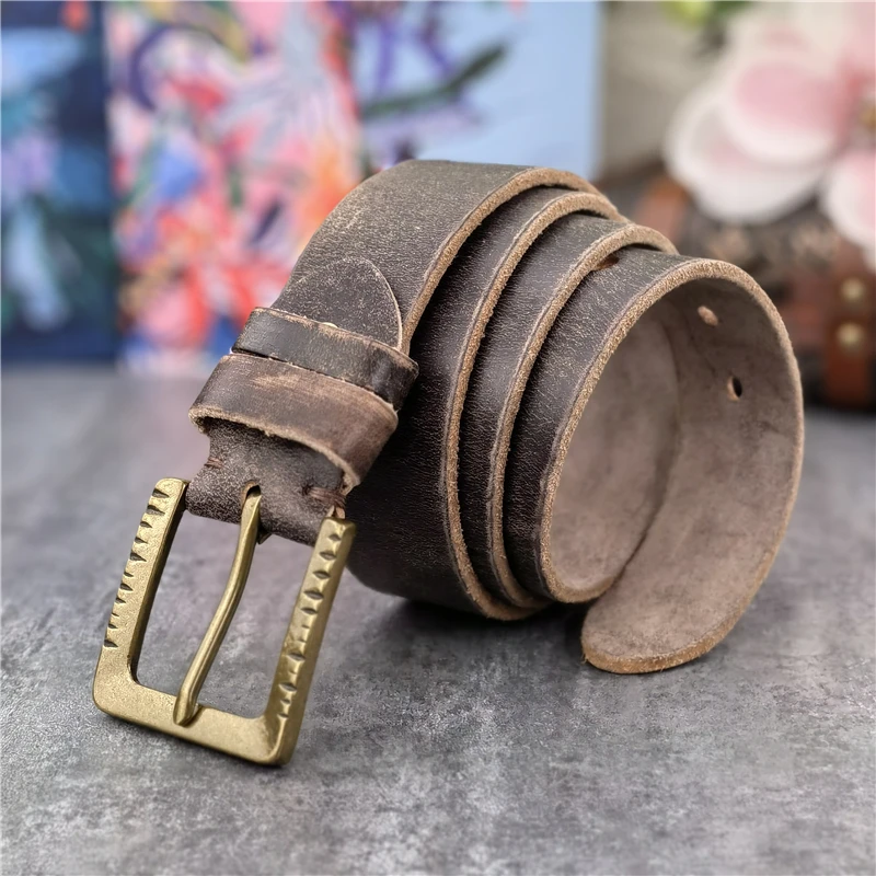 Retro Brass Belt Buckle Top Thick Genuine Leather Belts For Men Cowboy Jeans Long Men\'s Belt Ceinture Waist Belt Male MBT0542